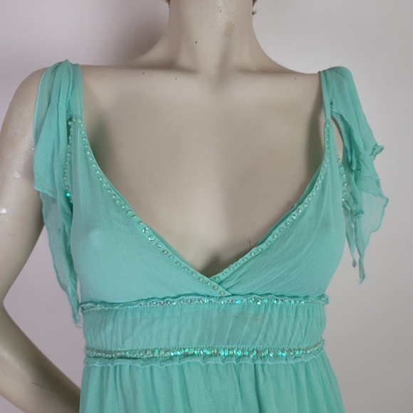 Y2K beaded silk blend mint green top asymmetric hem. - Picture 2 of 15